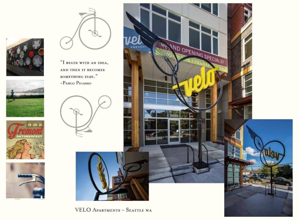 Screenshot 2021-11-30 225403 Collage of Velo Apartments in Seattle, featuring bicycle-themed decorations and quotes, alongside images of the building exterior and surrounding area.