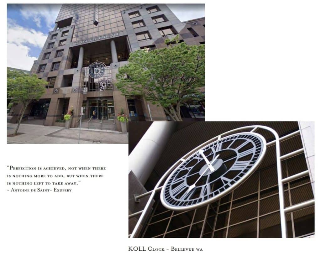 Screenshot 2021-11-30 225445 A tall building with a large decorative clock on its facade in Bellevue, WA. A quote by Antoine de Saint-Exupéry is displayed nearby.