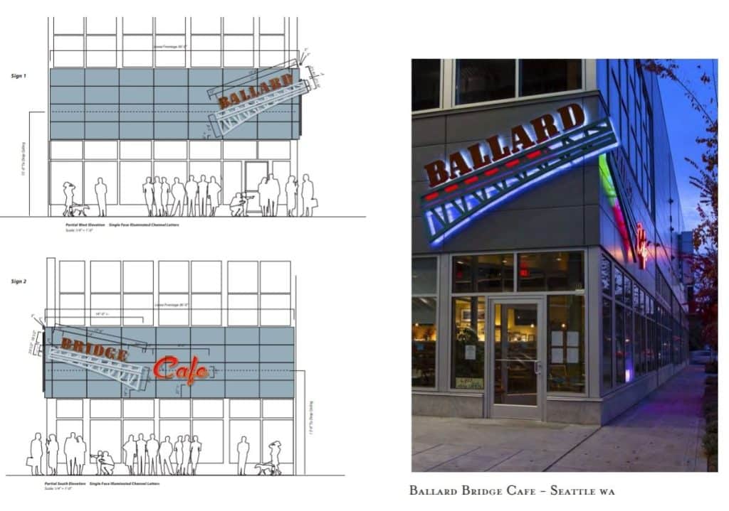 Screenshot 2021-11-30 225536 Blueprints of a building facade with signage design, and a photo of the actual building sign that reads "Ballard" in large letters and "Bridge Cafe" in smaller text below in Seattle, WA.