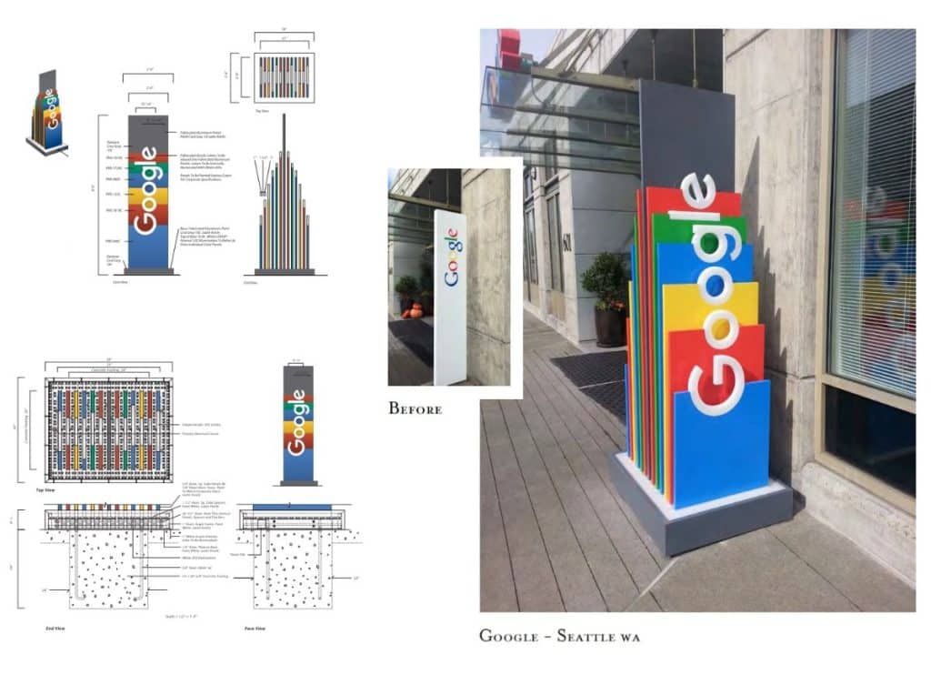 Screenshot 2021-11-30 225552 Diagram and photo of a colorful Google sign outside a building, showing its design and installation details in Seattle, WA.