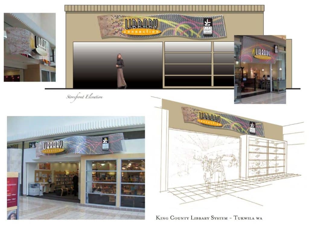 Screenshot 2021-11-30 225607 Design concepts for the King County Library System in Tukwila, WA, showcasing storefront elevation, signage details, and interior views.