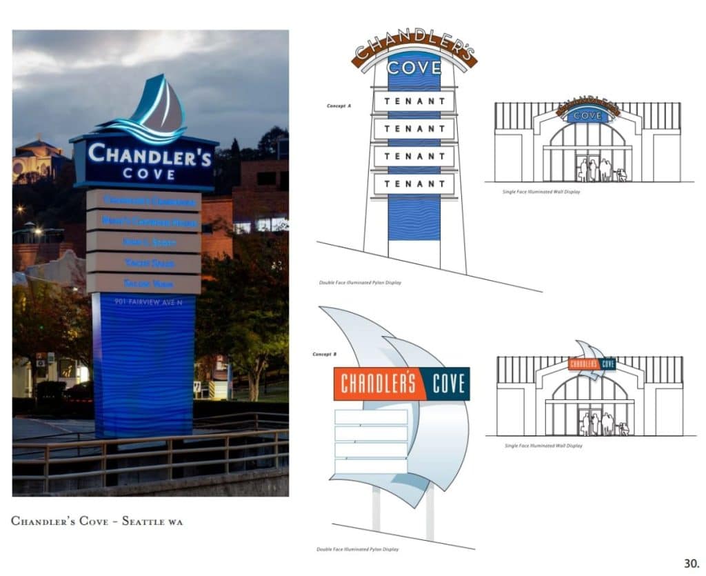 Screenshot 2021-11-30 225624 Image showcasing different design concepts for a Chandler's Cove sign in Seattle, WA, featuring a blue sail motif and tenant listings.