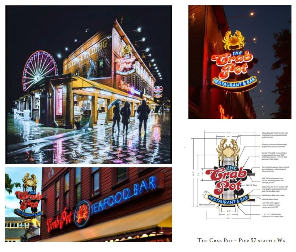 Screenshot 2021-11-30 225639 Collage of The Crab Pot restaurant images, featuring a neon sign, the building exterior with a Ferris wheel, and a logo design.