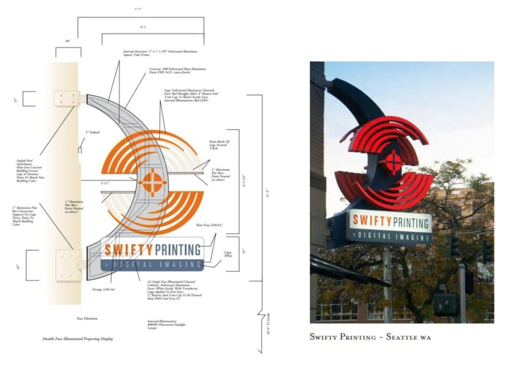 Screenshot 2021-11-30 225709 Diagram and photo of Swifty Printing sign. The diagram shows dimensions and construction details; the photo captures the installed sign in sunlight.