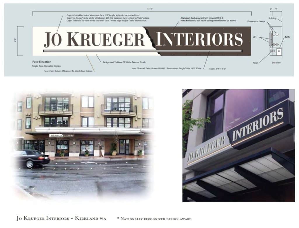 Screenshot 2021-11-30 225901 Design blueprint and photos of the Jo Krueger Interiors storefront, featuring signage details and exterior views of the building.