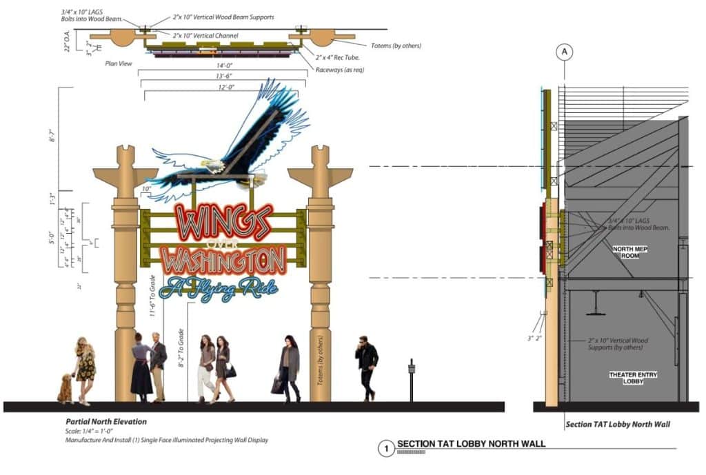 Screenshot 2021-11-30 225921 Architectural diagram of a proposed theater entrance with detailed measurements, featuring signage reading "Wings Washington A Flying Pub" and a bird illustration. People are shown for scale.
