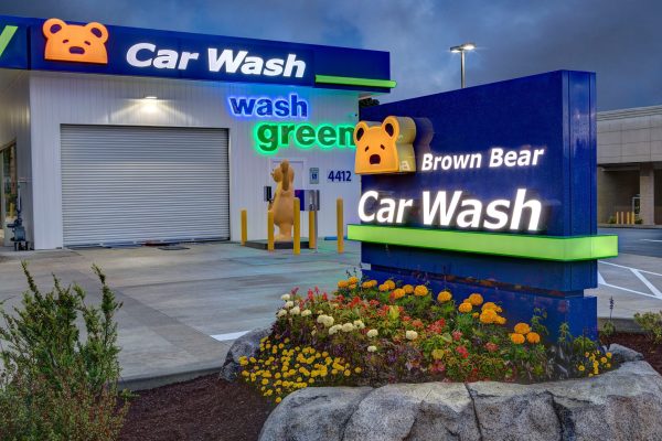 Seen on right is a monument sign for Brown Bear Car Wash